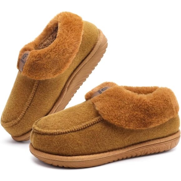 Women's Winter Warm Light Brown Fuzzy Faux Fur Collar Memory Foam Boot Shoes - Picture 7 of 7